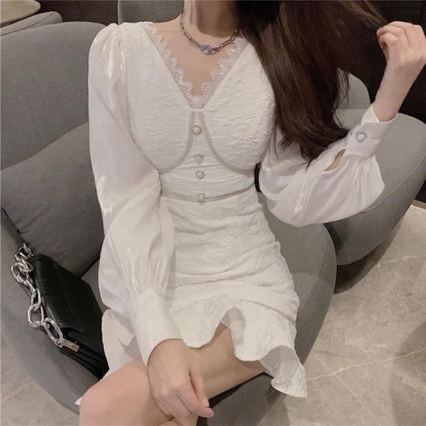 

korean style women french retro elegant lace white dress autumn lady sweet slim prom party evening dresses vintage vestidos casual, Black;gray