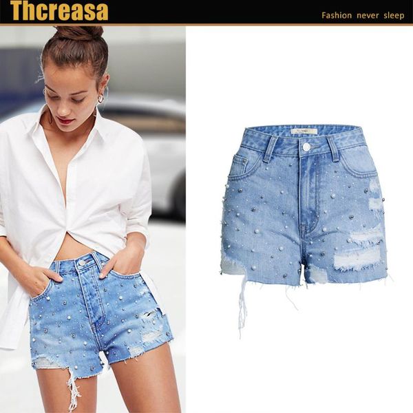 

women's jeans 2021, summer denim shorts high waist pearl, Blue