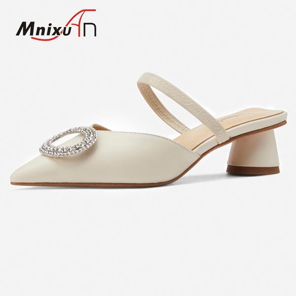 

dress shoes fashion 2021 arrival genuine leather woman sandals closed toe women pumps mules rhinestones block heels slippers black