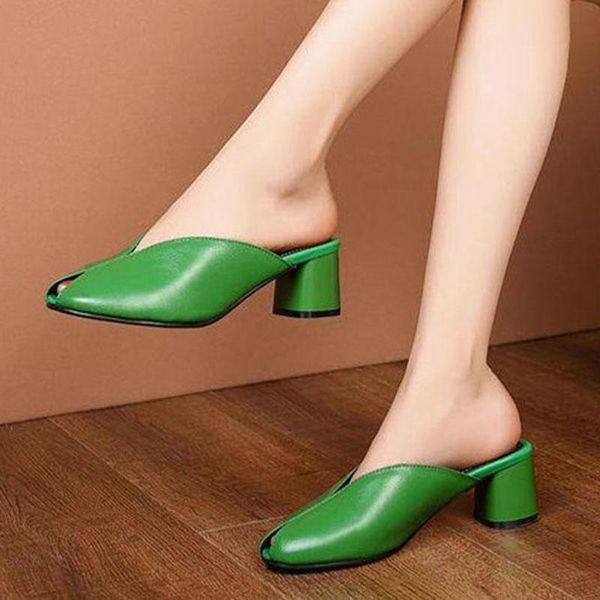 

lucyever solid color square heels slippers women 2021 summer pu leather peep toe high heel slides woman outdoor mules shoes, Black