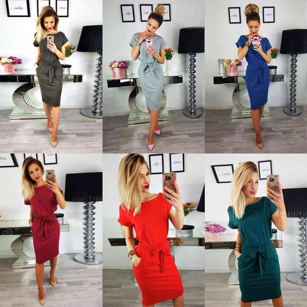 Novas Mulheres Verão Vestidos Casual Manga Curta O-Pescoço Listrado Plus Size Magro Bodycon Dress Feminino Sólidos Pockets Midi Vestido de Algodão X0521