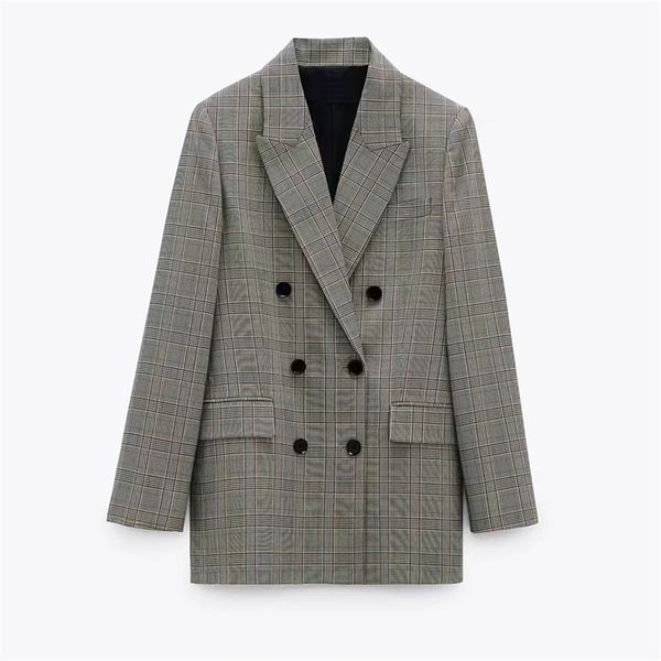 

women check blazer grey lapel collar long sleeves blazer front flap pockets double-breasted fastening with contrast buttons 210520, White;black