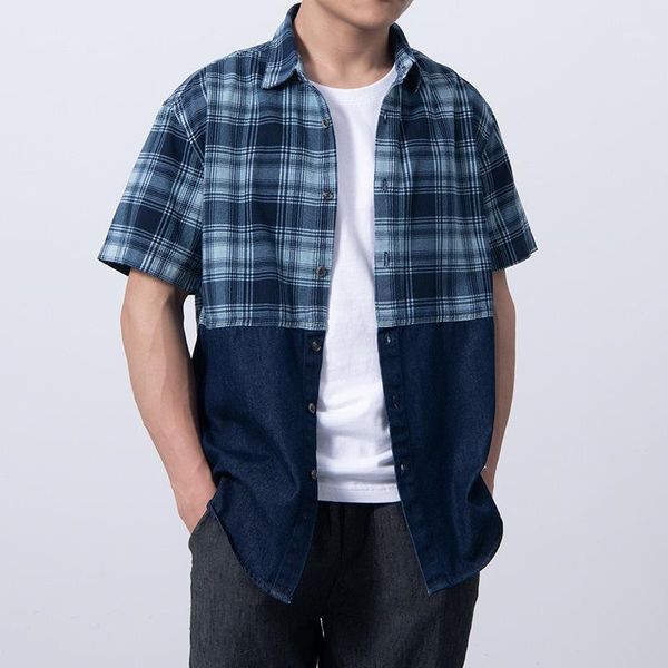 

summer blue plaid men's casual patchwork shirt with short sleeves lapels shirts, White;black