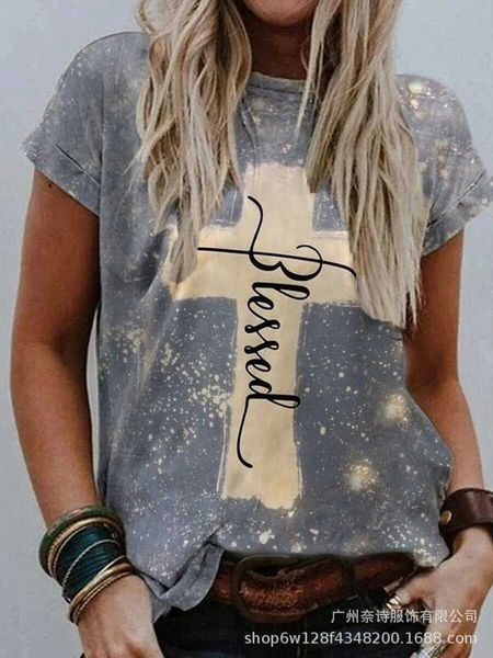 

2021 fashion t shirts women's loose round ne short sleeve cross printed, White