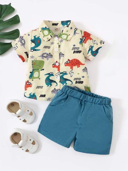 

baby letter & dinosaur print shirt & shorts she, White