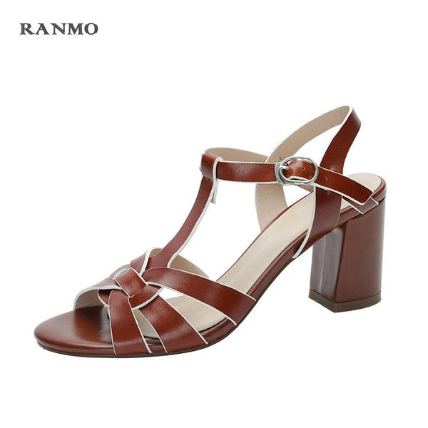 

sandals women genuine cow leather for shoes 2021 summer open-toed mid-heel retro roman high heels, Black