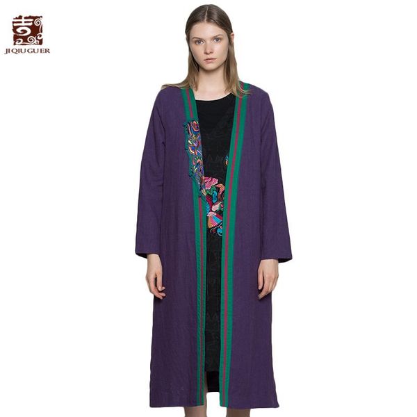 

women's trench coats jiqiuguer women embroidery patch vintage v-neck contrast split open stitch loose long casual autumn cardigans g173, Tan;black