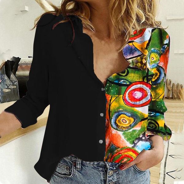 

women's blouses & shirts 40# vintage printed button lapel blouse women long sleeve turn-down collar shirt casual tunic cotton linen, White
