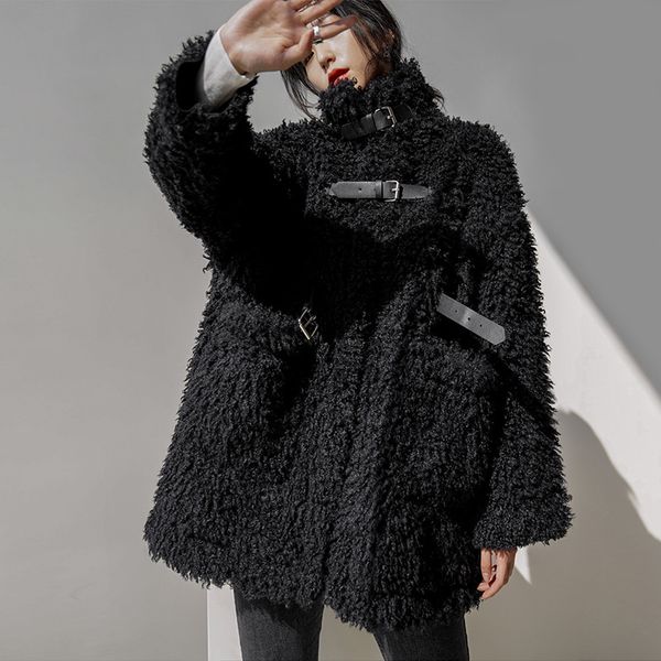 

blends black leather lamb wool coat woman release korean style heavy woolen jackets