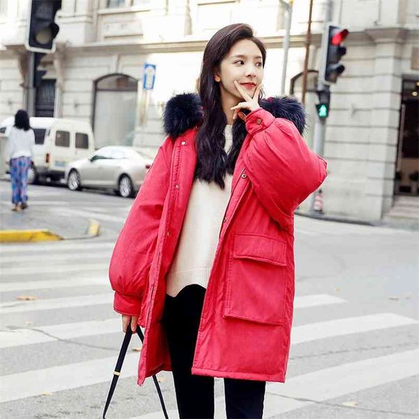 

korea fashion plus size loose warm winter jacket hooded fur coat women parkas long down cotton padded female d285 210512, Black