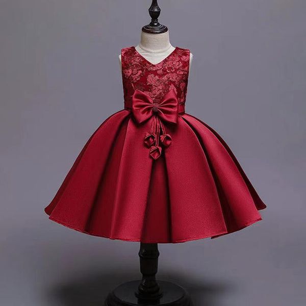 

girl's dresses flower girls illusion v-neck sleeveless beading embroidery bow tulle lace luxury date red kids party princess gown f594, Red;yellow
