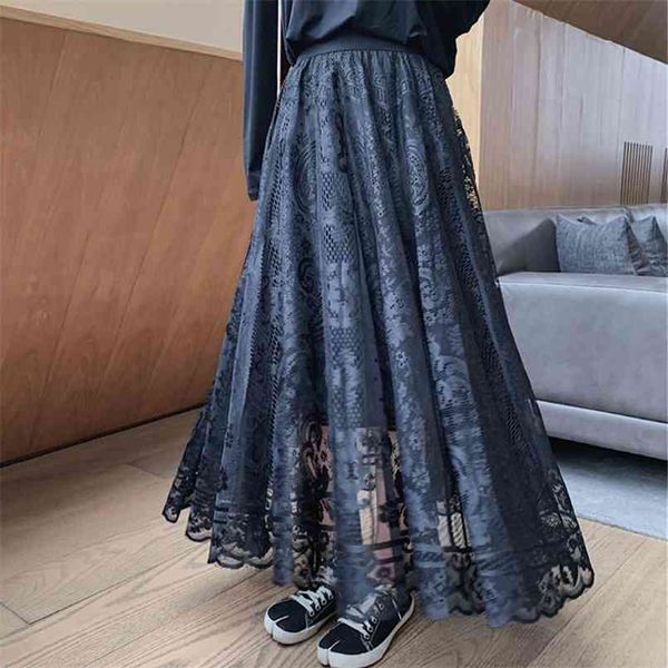 

elastic high waist lace skirts womens korean elegant casual a-line black long mujer faldas female long skirts for women 210520