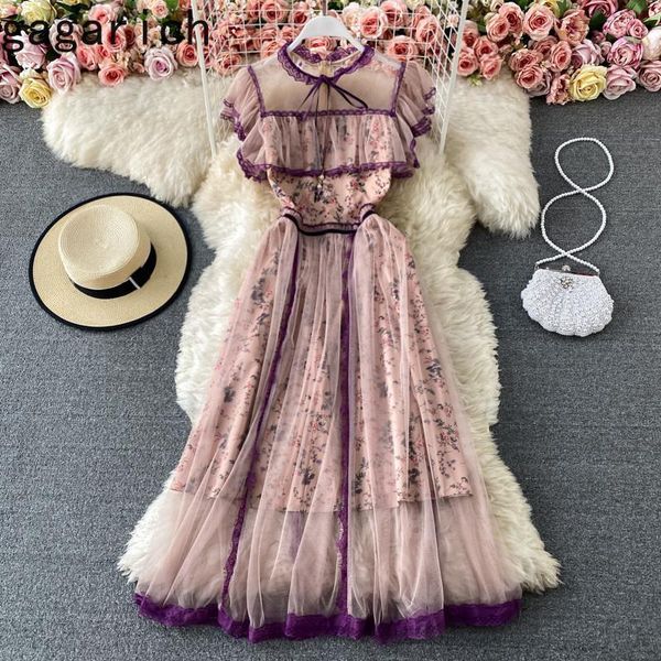 

womens dresses women dress summer french palace style ladies vintage celebrity temperament tie collar ruffle printed mesh vestido, Black;gray