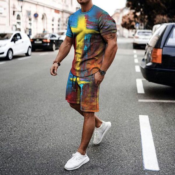 

men's tracksuits 2021 summer man t-shirt with short sleeves+pants belief cross graphics 3d style, Gray