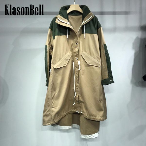 

women's trench coats 7.13 hgih end quality fashion temperament contrast color patchwork loose zipper hooded women, Tan;black