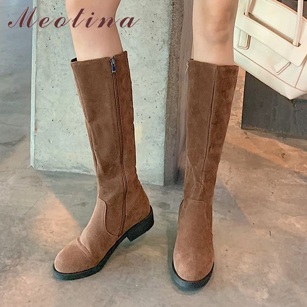 

meotina knee high boots women shoes mid heel zip long boots ladies round toe block heels female boots winter black brown size 45 210520