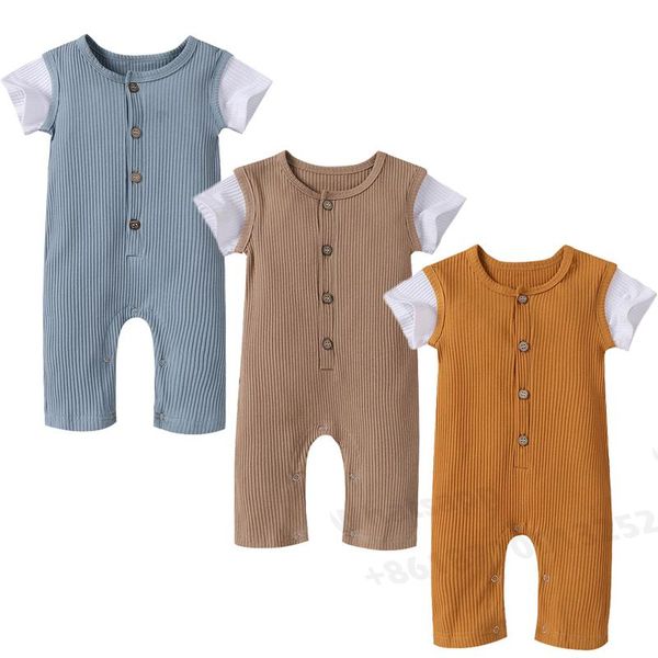 

jumpsuits lioraitiin 0-24m born toddler boys girls round collar romper suit baby short sleeve patchwork solid color rib button jumpsuit, Blue