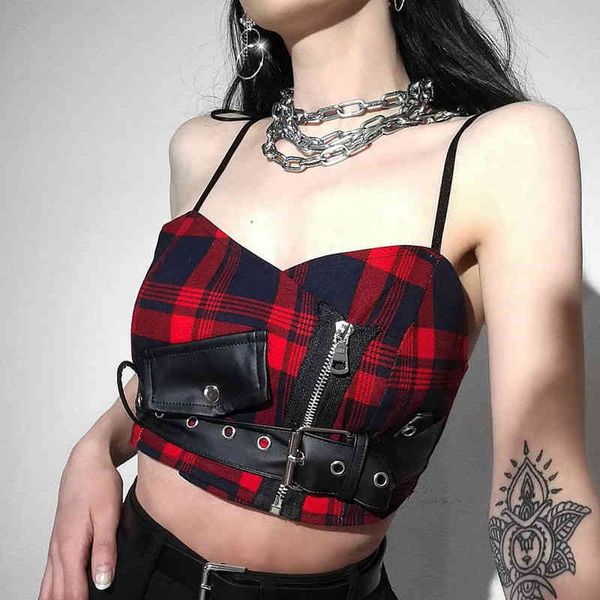 

bras women's straps tank gothic red plaid streetwear sashes belt zipper punk girl summer casual chic crop camis 7486, Red;black
