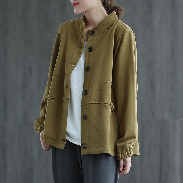 

tracksuits spring fall single collar style breasted short female jacket retro casual sleeve button long and shirt y110 ghti, Gray