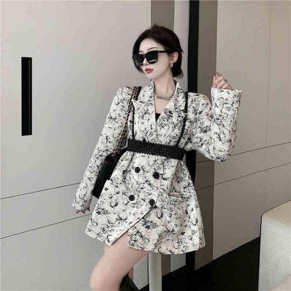 

women's suits & blazers autumn new style temperament printing suit female slim casual fashion jacket + handmade custom pearl vest, White;black