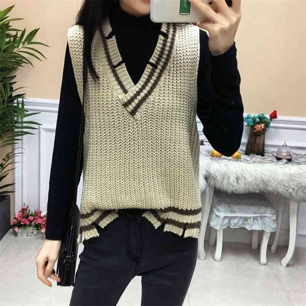 

split broken copper knitted sweater vest female casual loose v-neck korean version autumn winter women pullover 210427, Black;white