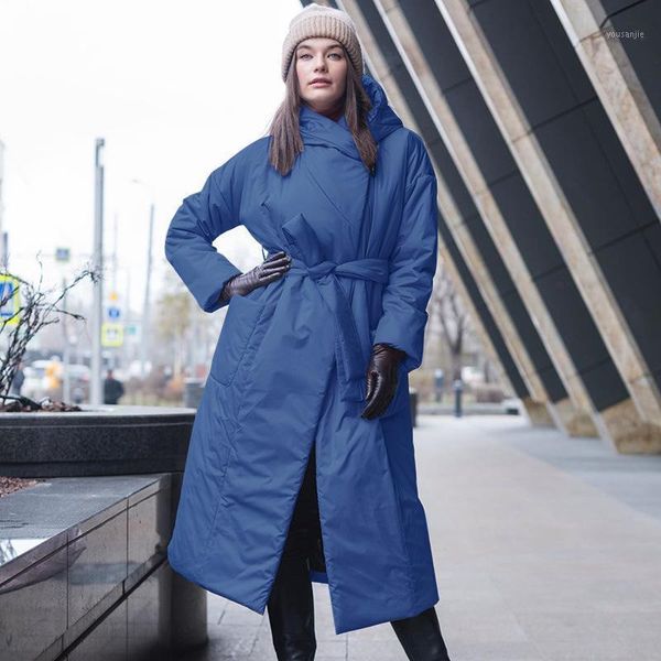

winter coat hooded belt long cotton jacket women 2021 women's down & parkas, Black