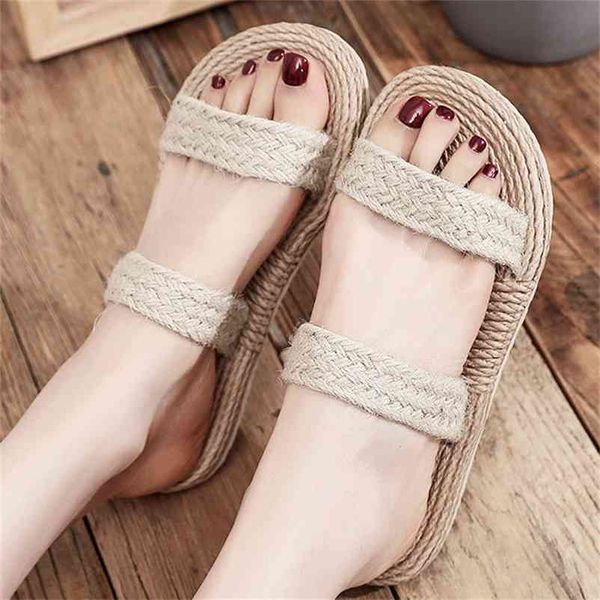 

summer faux cane hemp women slippers outdoor beach slides flat heel open toe fashion casual sandals leisure concise shoes ladies 210619, Black