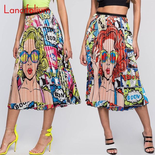 

skirts graphic print pleated skirt women 2021 summer plus size boho high waist midi streetwear cute faldas mujer, Black