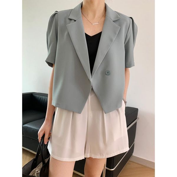 

women's suits & blazers juzhi 2021 summer short sleeve suit retro pure bubble single button loose korean leisure coat 2140, White;black