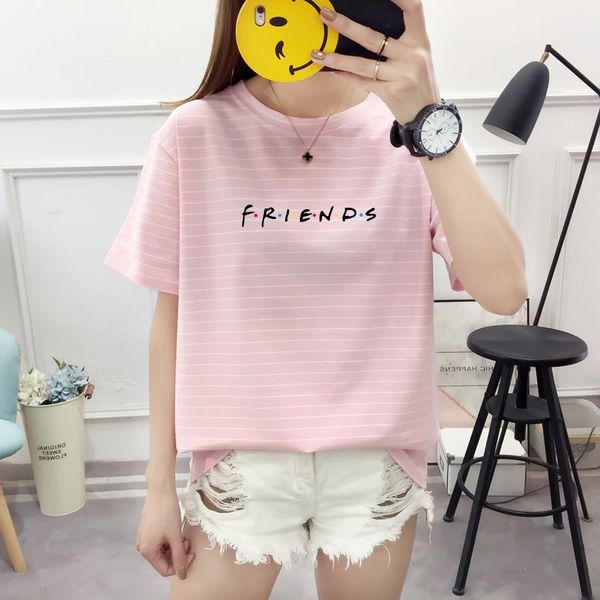 

women's t-shirt 2021 summer camiseta mujer korean casual friends letter print short sleeve female harajuku striped, White