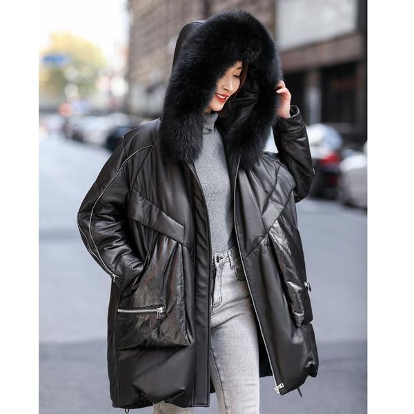 

women's leather & faux 2021 real sheepskin down coat women loose genuine fur hooded long jacket large size warm outwear, Black
