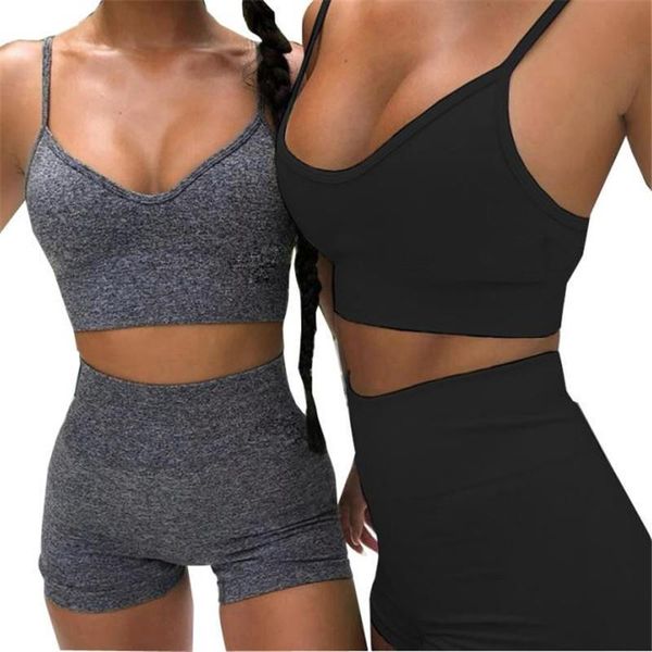 

fashion sports wear clothing women tracksuits workout clothes set bandage sling sleeveless crop and shorts 2pcs solid suit, Gray