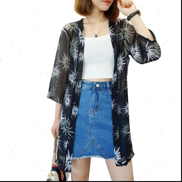 

weibuy blusas summer kimono women shirts cardigan casual loose chiffon bohemian floral printed long outerwear plus size, White