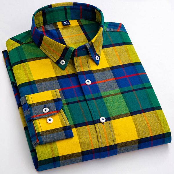 Camicia a maniche lunghe Oxford scozzese alla moda da uomo in cotone, comode camicie casual di alta qualità dal design spesso autunno-primavera