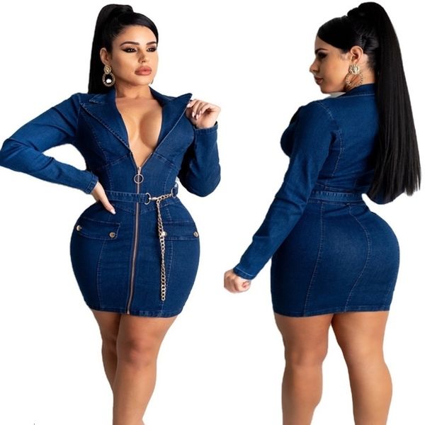 

casual dresses high waist denim with belt female summer womens zipper up turn down collar long sleeve jean ag6j, Black;gray