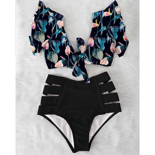 

2021high waist bikini 2021 ruffle swimwear women print swimsuit push up bikinis plus size bathing suits floral beach wear, White;black