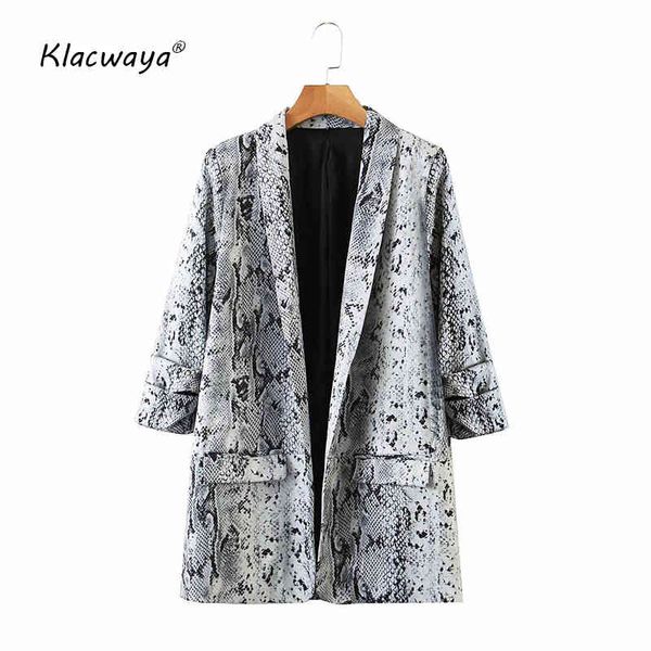 Mulheres moda serpentina impressão vintage blazer casaco senhoras bolsos de manga longa feminina outerwear chique tops 210521