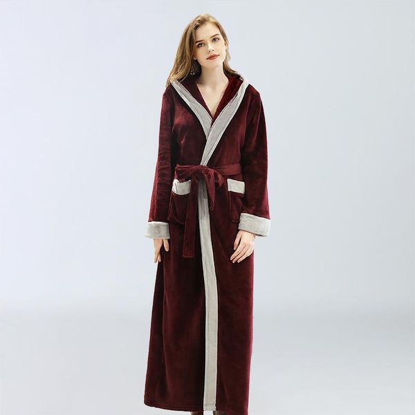 

plus size women's autumn winter long bathrobe pockets solid flannel nightgown female v neck with sashes soft ladies sleepwear, Black;red