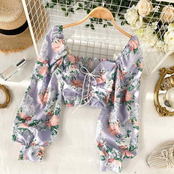 

chic floral print high waist chiffon short blouse for female casual v-neck long sleeve printed crop women's blouses & shirts, White