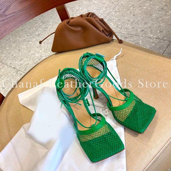 

sandals latest designed t-strap breathable fishnet shoes women square toe lace up sandal heeled dress shoe green, Black