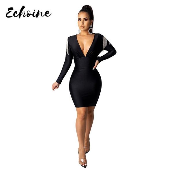 

casual dresses autumn spring women deep v neck long sleeve short dress winter bandage solid tassel night club office party, Black;gray