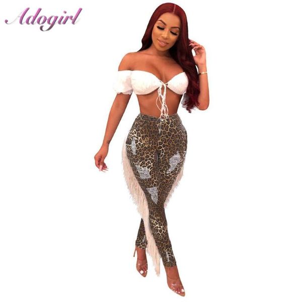 

adogirl leopard print side tassel hole jeans women casual high waist elastic pencil denim pants outfit streetwear women's, Blue