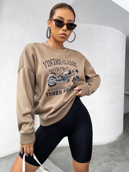 

drop shoulder letter and motorcycle print pullover k50f#, White;black