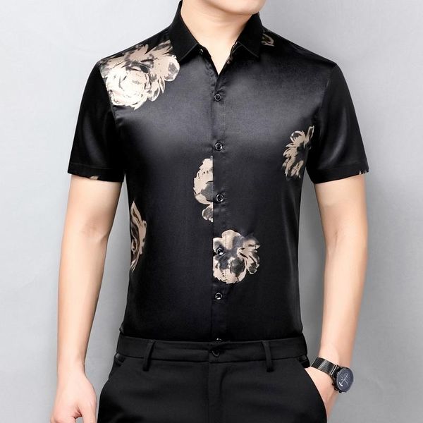 

summer men's silk clothes floral printed shirts male casual smooth satin streetwear short sleeve dress, White;black