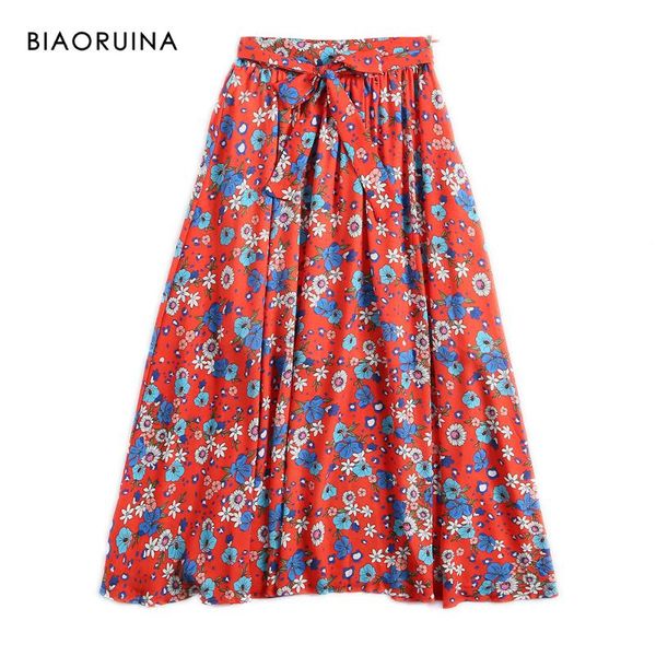 

skirts biaoruina women's floral printing holiday style skirt with sashes front split side zipper high waist casual chiffon, Black