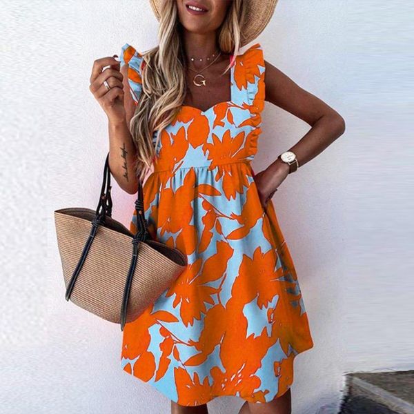 

dress women casual flower print ruffled o neck above knee mini sleeveless short womens summer sundress vestidos de verano, Black;gray