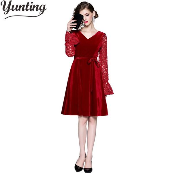 

casual dresses vintage long sleeve dress women runway 2021 autumn lace patchwork velvet flare vestido feminina, Black;gray