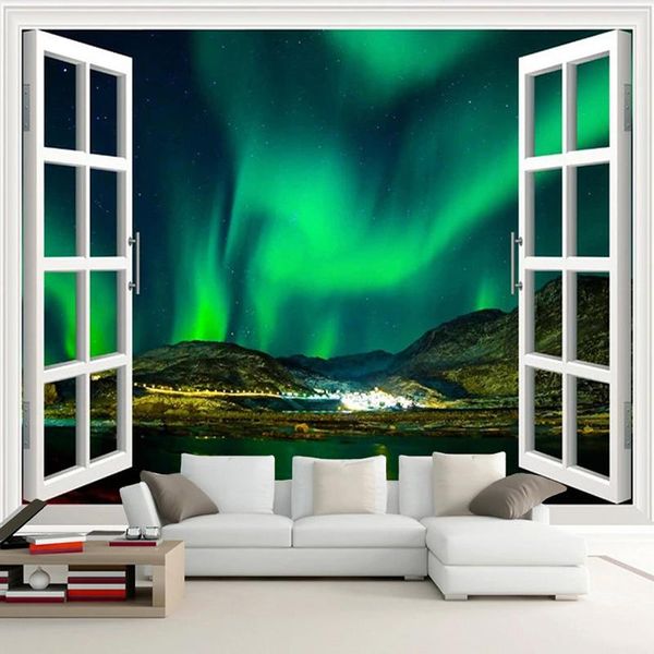 

custom self-adhesive waterproof mural wallpaper 3d stereo outside window aurora night sky landscape fresco home wall stickers wallpapers