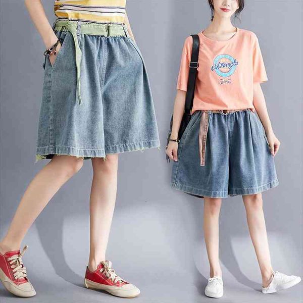 

0643 summer wide leg women shorts denim with belt loose plus size elastic waist short jeans vintage, White;black