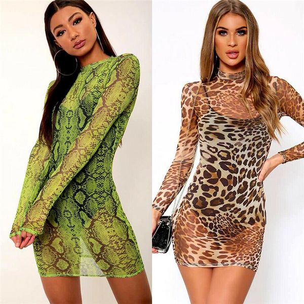 

women snake skin leopard print slim dress see through sheer mesh long sleeve party clubwear mini dresses sundress casual, Black;gray